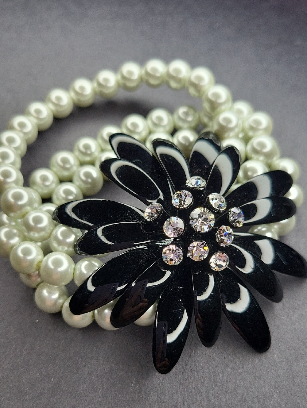 Pearl Stretch Bracelet with Black Flower and Crystal Accents
